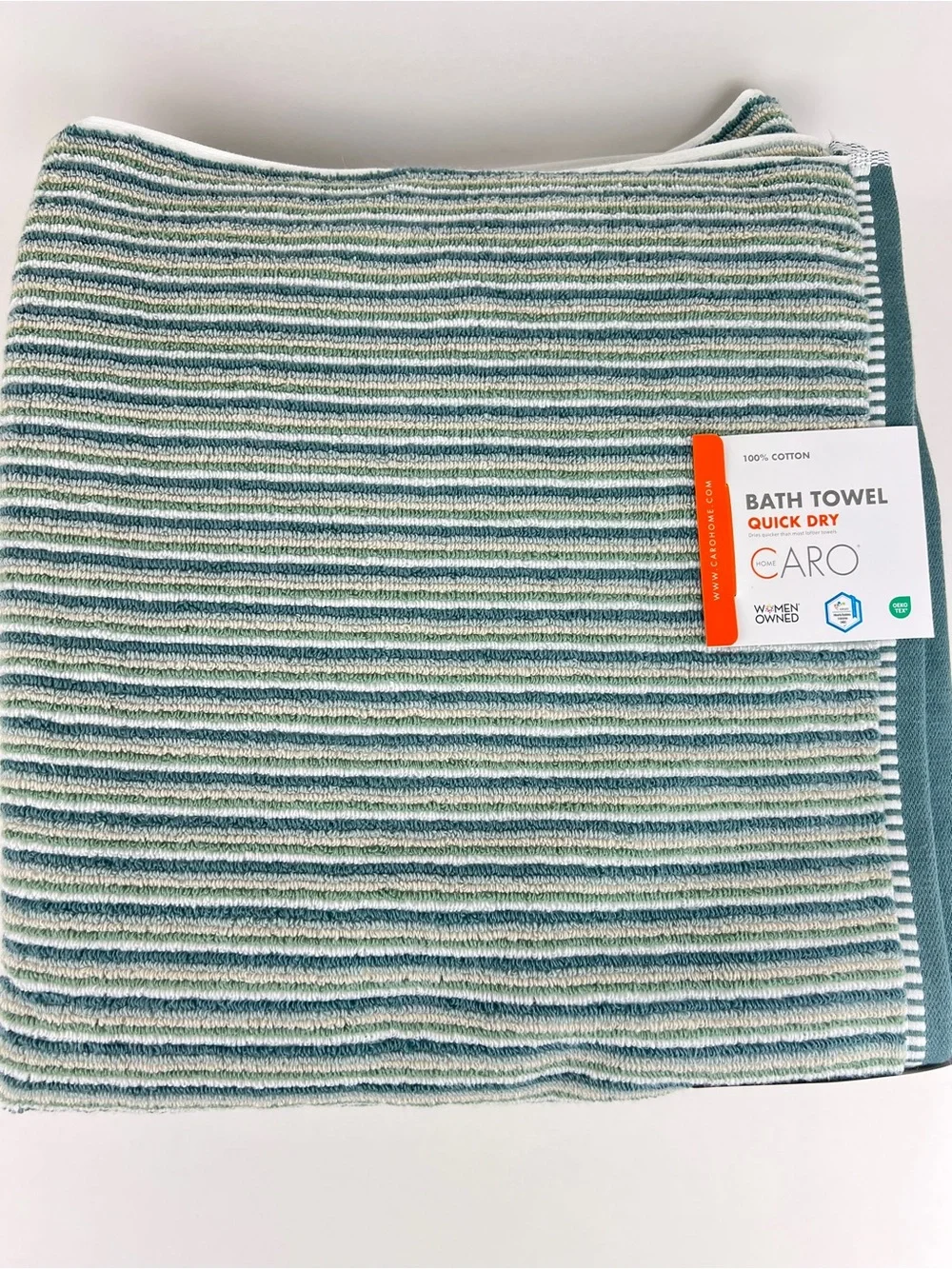 CARO Home Bath Towels Green Yellow White Striped Soft 100% Cotton 2 Pc Set NEW